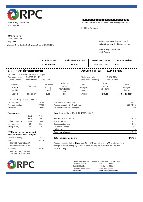 Saudi Arabia Rabigh Power Company business utility bill, Word and PDF template PSD template